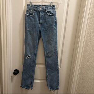 We The Free Distressed Straight Leg Blue Jeans Size 25 Split Hem Button Fly